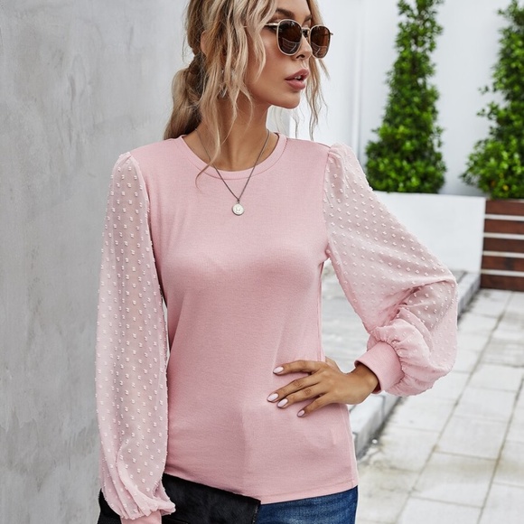 Tops - polka dot sheer balloon long sleeve top PINK